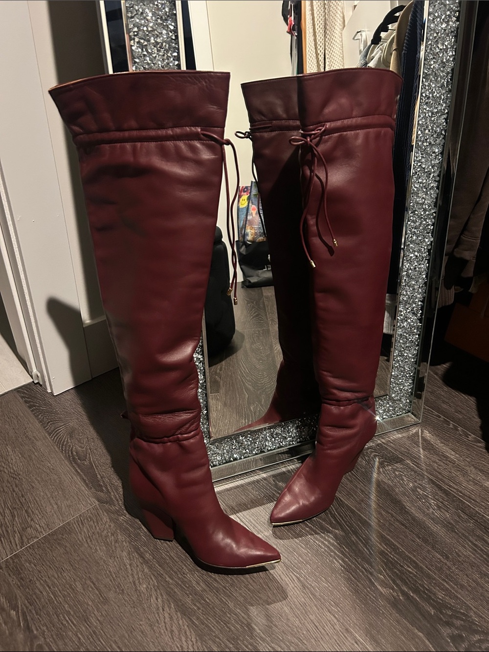 Over-the-Knee Lambskin Heeled Boots in Burgundy